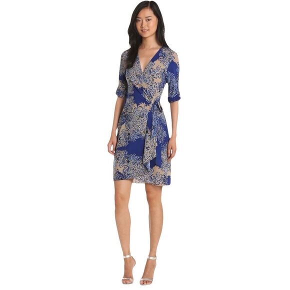 BCBGMaxAzria Blue and Tan Floral Wrap Dress - Picture 1 of 9